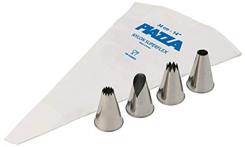 PIAZZA Set per Dolci - Sac a Poche Professionale 34 cm + 4 Beccucci in Acciaio Inox da 14mm - Per Realizzare Decorazioni su Dolci, Torte e Pasticcini, Sacca Riutilizzabile in Resistente Nylon