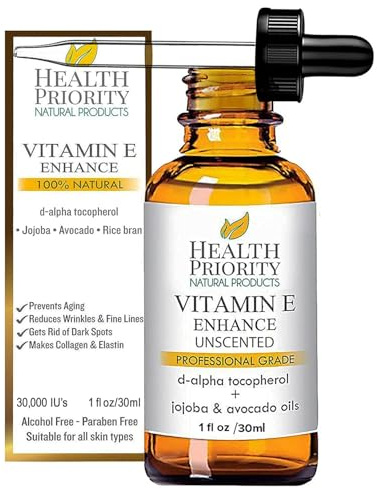 Health Priority Naturals|Organic Vitamin E Oil for Skin - Jojoba, Avocado Oil - Unscented, Handcrafted for Face/Hair, Non-GMO, No Gluten, 30000 IU, 1 Fl oz