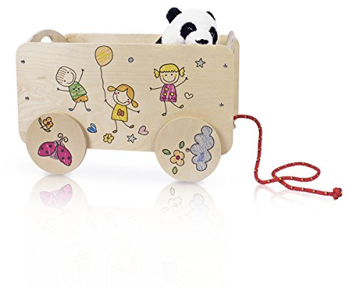 Dida | Carretto portagiochi in legno, Bimbi Allegri, multicolore | 49x28x32CM, ruote antigraffio, facile da assemblare, robusto | Gioco Montessori per bambini 2-4 anni