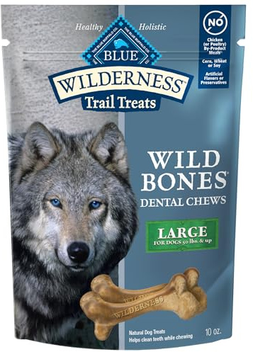 Blue Buffalo Wilderness Trail Treats Wild Bones Large Dental Chews, Grain-Free Dog Bones for Large Dogs Made with Natural Ingredients, 10-oz Bag
