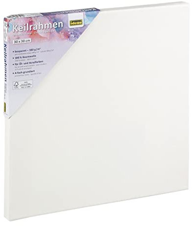 Idena 60031 - Bastidor con lienzo de algodón 100%, gramaje 380 g/m², para pinturas al óleo y acrílicas, aprox. 30 x 30 cm grande, blanco