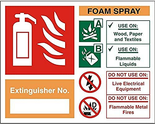 Seco Letrero de explicación de extintor de incendios en aerosol de espuma, 150 mm x 120 mm, vinilo autoadhesivo fotoluminiscente