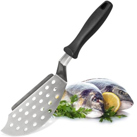 FMProfessional Fischwender mit seitlicher Kante by Fackelmann – Fischhalter mit praktischen Löchern – Spatula für den Grill zum Wenden von Fisch