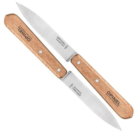 Opinel No. 102 Paring Knives 2 PIECE SET, Carbon Steel Everyday Use Prep Knives for Chopping, Peeling, Slicing, Trimming, Stabilized Sustainably Harvested Beechwood Handles, Made in France