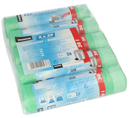 PAPSTAR 1 Karton = 5x125 Müllbeutel zum Zuziehen, HDPE 30 l 62 cm x 55 cm grün 12436