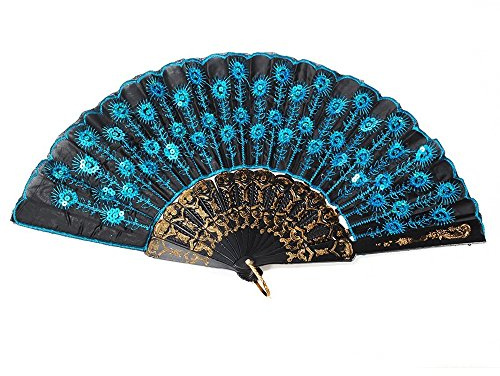 TPgoBuy Peacock Pattern Embroidered Flower Pattern Black Cloth Lace Silk Folding Hand Fan Sequins Flower Spanish Style Decorative Fashionable (Blue)