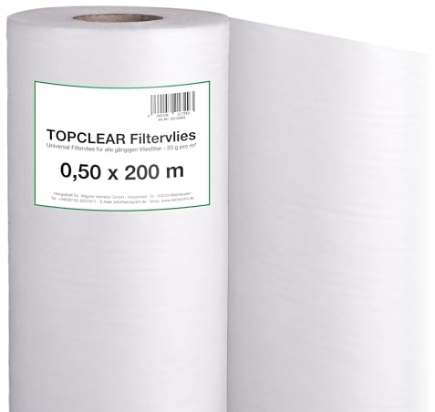 Filtervlies für Vliesfilter | Vliesrolle 200m x 50cm 20g/m² | für alle Koi Teich Vlies-Filter geeignet | hydrophiles wasserdurchlässiges Fleece | 500mm Topclear Filtervlies in Profiqualität