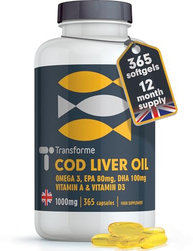 Cod Liver Oil Capsules High Strength 1000mg 365 Omega 3 Softgels, EPA DHA Vitamin A, Vitamin D3, 1 Year Supply, Heart, Brain, Eye Health and Immune System Support, Gluten Free, UK Made, by Transforme