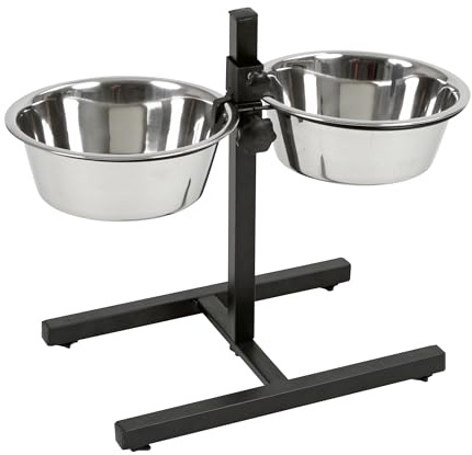 Mangeoire Kerbl avec bols en acier inoxydable, Mangeoire pour chien réglable en hauteur, 2 x 2800 ml, Hauteur 43 cm, Noir