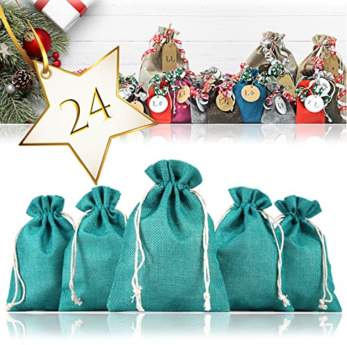Ganzoo 24er Set Jutesäckchen Dunkelgrün, 100% Jute, Adventskalender zum Selbstbefüllen, Stoff-Säckchen mit Kordelzug, handwaschbar und wiederverwendbar, für Deko und kleine Geschenke, 17,5 x 12,5 cm