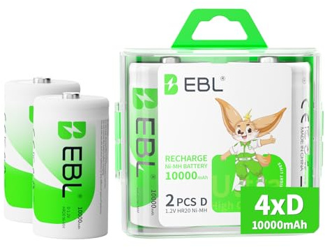 EBL D Cell Batteries 10,000mAh Ultra Pro Ni-MH Rechargeable D Batteries, 4-Pack