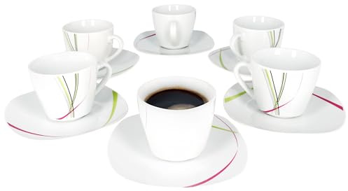 Van Well I 12-TLG. Kaffeetassen-Set Fashion I 6 Personen I 6X kleine Becher 180-220 ml + 6X Unterteller I abstrakte Streifen pink-grün-grau-schwarz I Porzellan-Geschirr