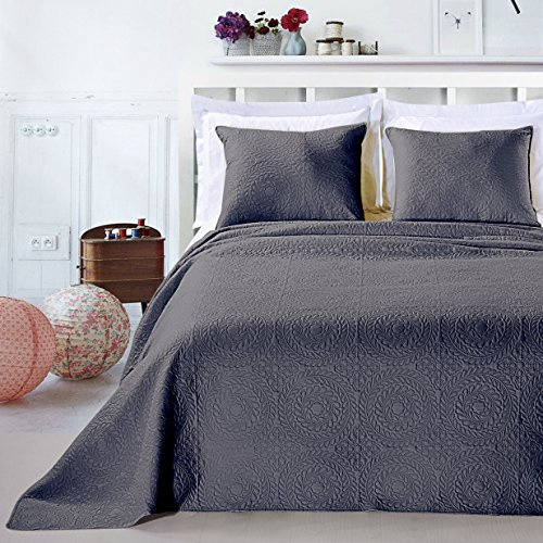 DecoKing Premium 12741 Tagesdecke 170 x 210 cm Graphit Stahl mit 1 Kissenbezug 50x60 cm Bettüberwurf Pflanzen pflegeleicht Elodie