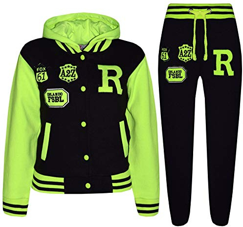 Unisex Niños Niña Con Capucha Béisbol Chándal Con Capucha Pantalones Set Pantalón De Chándal 7 8 9 10 Años 11 12 13 Años - Negro & Verde Neón, 13 Años