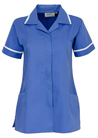 Instex Womens Nurses Healthcare Tunic, Dental Vet Salon, Hospital Blue with White Trim, Pointed Collar INS32HB