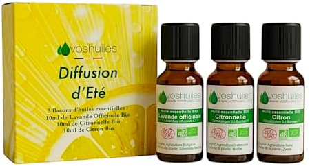 VOSHUILES - Kit Été - 3 Huiles Essentielles Bio - 100% Pure et Naturelle - HEBBD, Ecocert - Lavande Officinale, Citronnelle, Citron - Applications Diverses - 3x10ml
