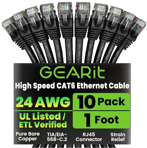 GEARit Cat6 Patch Cables Cat 6 Ethernet Cable 1 ft 10-Pack Black