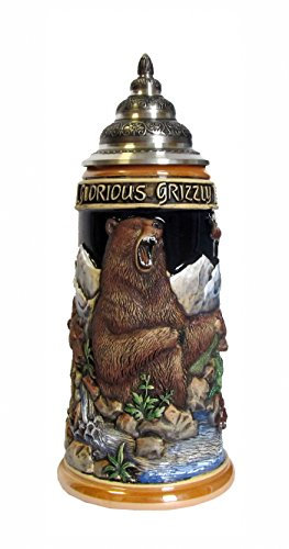 KING Bierkrug Glorious Grizzly, kobalt, bunt, mit Zinnspitzdeckel Seidel 0,75 Liter Bierseidel KI 956 0,75L