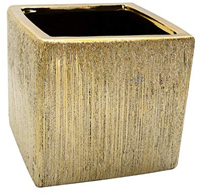 Flower Glass Vase Decorative Centerpiece for Home or Wedding by Royal Imports - Ceramic Etched Cube Shape, 4 Inch Tall 4X4, Gold
