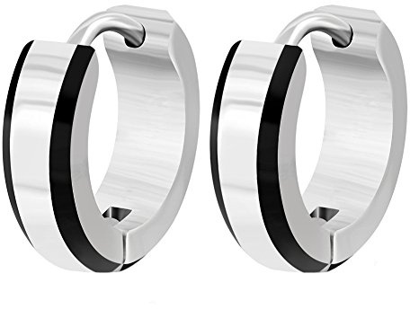 Nero + argento in acciaio inox orecchini a cerchio. Portafoglio-orecchini ad anello per uomo e donna 13 mm diametro - 4 mm Larghezza (2 pcs/1 paio)