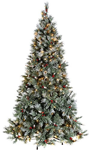 WeRChristmas 7 ft Pre-Lit Scandinavian Blue Spruce Pine Cone and Berry Christmas Tree with 400 Warm White LED Lights/ 8 Setting Controller/ Easy Build Hinged Branches