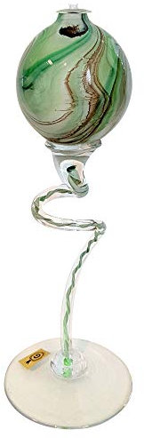 Lámpara de aceite al pie largo y decorativo, ornamental de cristal coloreado, lámpara de petroleo de vidrio soplado a boca de colores verde beige blanco de mármol, rellenable altura aprox. 32 cm, disenado y fabricado y por Oberstdorfer Glashütte