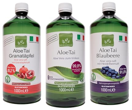 Benessence - Mix: 1 Succo e Polpa da Bere di Puro + 1 Aloe e Mirtillo + 1 Aloe e Melograno - 3 Bottiglie da 1 L