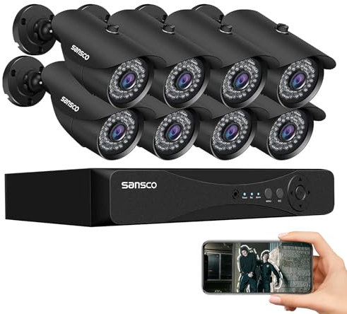 SANSCO 8CH 5MP HD CCTV Camera System, 8 Channel DVR Recorder, 8x 2MP Outdoor Bullet Security Cameras, Night Vision, AI Face/Human Detection, IP66 Vandalproof, Email/APP Alert, No Hard Drive Disk