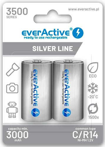 everActive Akku C 3500 mAh 2 Stück, NI-MH, Baby R14, wiederaufladbar, vorgeladen, Spitzenqualität, Silver Line 1.2V, 1 Blisterkarte, EVHRL14-3500, Silber