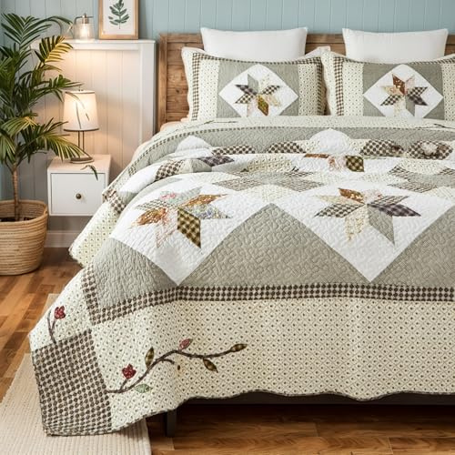 Brandream Queen Size Luxury Patchwork Quilts Premium Cotton Farmhouse Quilted Bedspread Vintage Quilt Set