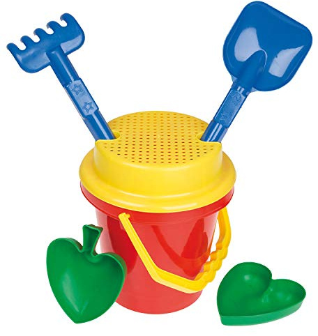 Idena 7113460 - Sand-Spielzeug Set 6 teilig bestehend aus Eimer, Sieb, 2 Förmchen, Harke und kleiner Schaufel, verschiedene Farbvarianten, zum Spielen am Strand und im Sandkasten