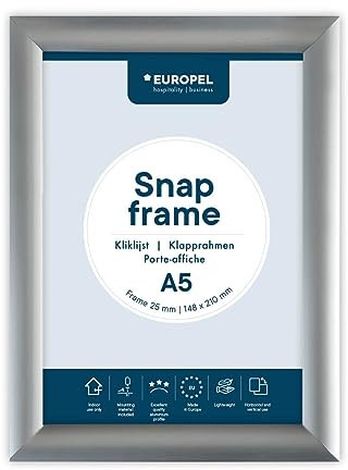 EUROPEL Klapprahmen A5 mit 25 mm Aluminium-Profil - aufklappbarer Plakatrahmen mit Gehrungsecke - Schnapprahmen für u.a. Poster, Zertifikate, Fotos & Werbemittel - Silber