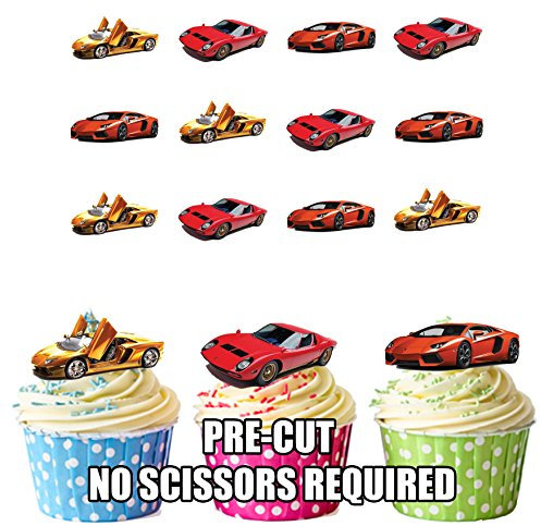 AK Giftshop Sports Car Mix Cake Decorations - 12 Edible Wafer Cup Cake Toppers