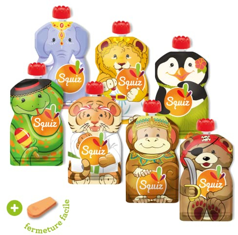 Set mit 7 wiederverwendbaren 130-ml-Quetschbeuteln | Carnaval-Kollektion | Für Babys, Kinder und Erwachsene | Für Kompott, Püree und Smoothies | Hergestellt in der Schweiz un in Frankreich | Squiz