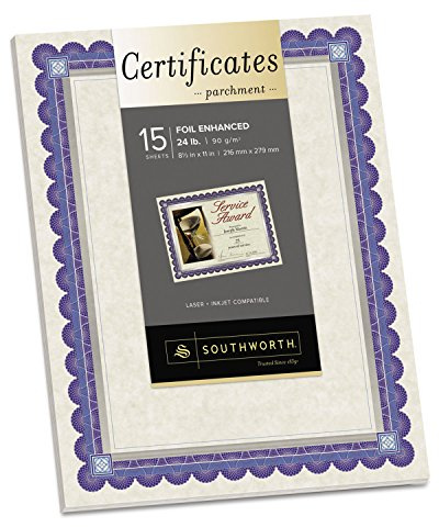 Southworth Foil Enhanced Parchment Certificate, 8.5 x 11, 24 lb, Ivory, Blue/Silver Border, 15 Sheets (CT1R)