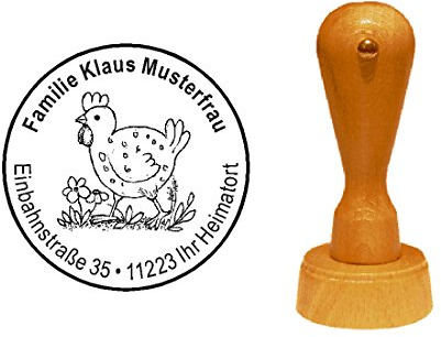Stempel Motivstempel « HUHN VINTAGE » Durchmesser ca. Ø 40 mm - mit persönlicher Adresse und Motiv - Bauernhof Henne Bauer Ei Farmer