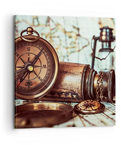 Bilder auf Leinwand 70x70cm Leinwandbild Kompass Teleskop Abenteuer antik Groß Wanddeko Bild Schlafzimmer Küche Deko Wandbilder Dekoration Wohnzimmer Wall Decor Canvas Wand Kunstdruck Art AC70x70-2946