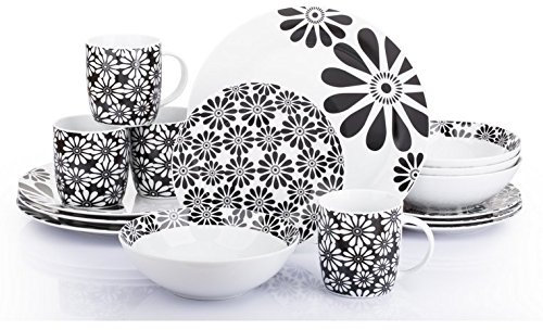 16 Piece Porcelain Black Floral Dinnerware Set