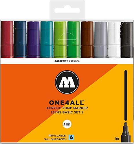 Molotow One4All 227HS Acryl Marker Basic-Set 2 (4,0 mm Strichstärke, hochdeckend und permanent, UV-beständig, für fast alle Untergründe) 10 Stück sortiert
