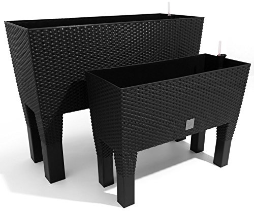 Prosperplast 2er Set 30L 72L Pflanzkübel Pflanzkasten mit Bewässerunssystem Rattan Optik Blumentopf Füßen anthrazit