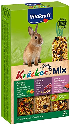 Vitakraft Mischfuttermittel für Zwergkaninchen, Knabberstange Gemüse/Nuss/Waldbeere, Kräcker Trio-Mix, 25227, 3 Stangen