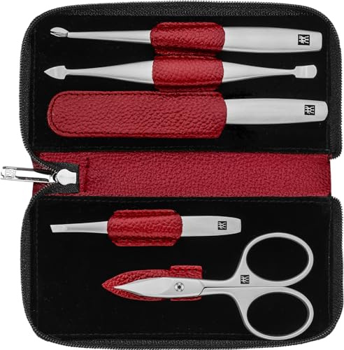 ZWILLING Set de manicura (5 piezas, cuidado de uñas y pedicura, estuche de cuero auténtico, preciso, set de regalo, con tijeras combinadas para uñas), Premium, rojo