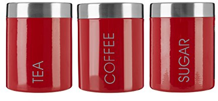 Premier Housewares Tea, Coffee and Sugar Set, Red Enamel, Satin Rostfreier Stahl Lids Liberty Behältern für Tee, Kaffee und Zucker, Edelstahl, rot, Emaille, 10x10x13