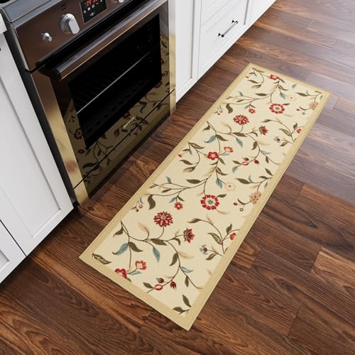 Ottomanson Ottohome - Alfombra rectangular, base de goma, diseño de hojas contemporáneo, 50 x 150 cm, color beis