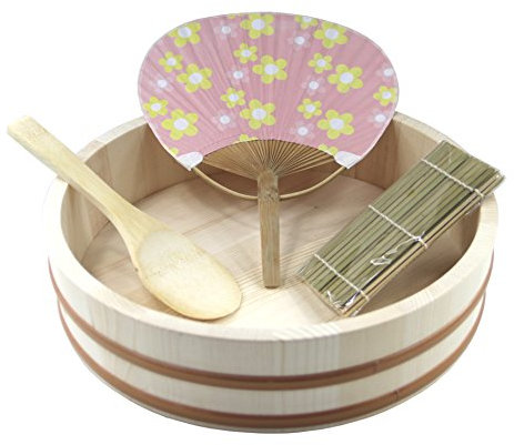 Hangiri Holzschüssel für Sushi Reis Ø 30 cm Holzbottich 4-tlg.-Set Geschenkidee