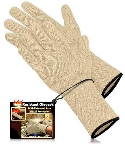 Medipaq Hitzebeständige Handschuhe – Langer Handgelenkschutz für Kochen & Grillen – Ofenhandschuhe mit Fingern – Hitzeschutz für Küche & Outdoor (Creme, 1 Paar)