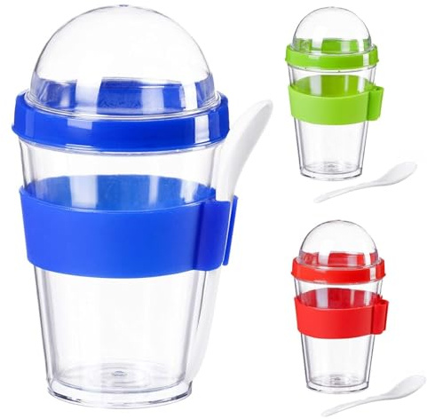 GOODS+GADGETS® Müslikopp to Go med Lock – 350 ml Yoghurtkopp | Dubbelväggig frukostkopp – müsli och yoghurt hålls separata – sked ingår – blå, grön, röd