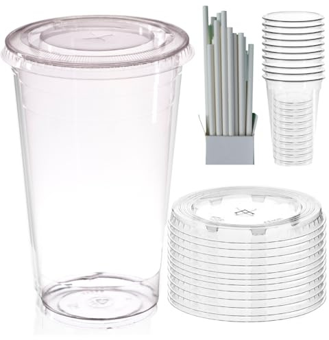 AIOS Avenue's Re-usable Takeaway Cups with Flat Lids and Paper Straws. 500ml/17oz. Pack of 50. Fits car Holders. for iced or hot Drinks.