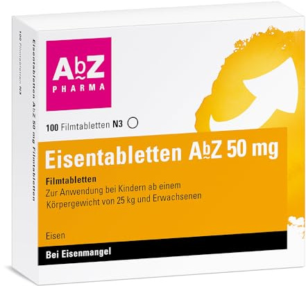 Eisentabletten AbZ 50 mg Filmtabletten,100 Stück, bei Eisenmangel | Zum Ausgleich von Eisenmangel. Für Erwachsene und Kinder ab 25 Kilogramm Körpergewicht.