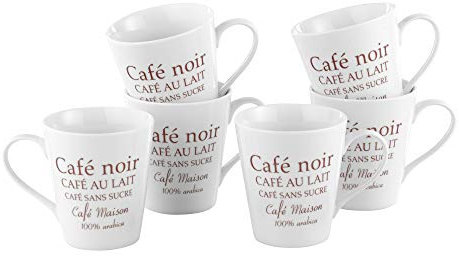 Esmeyer 302-007 6 Kaffeebecher FAKT, Inhalt: 0,25 Liter aus weißem Porzellan mit braunem Druck Cafe Noir, Im Geschenkkarton